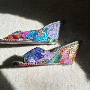 Beverly Feldman Frankie and Baby Multicolor Sequin Wedge Sandals